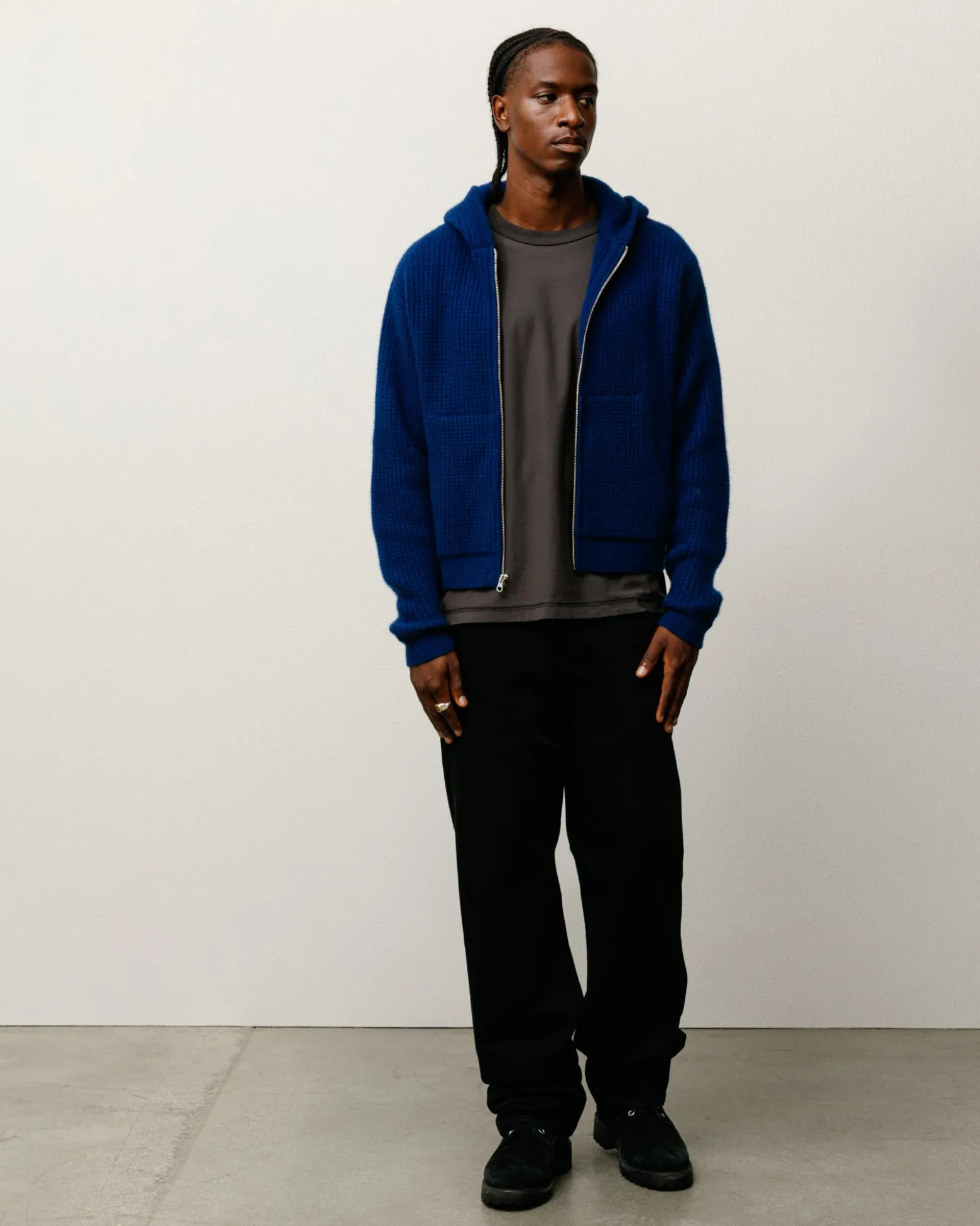 WAFFLE CASHMERE ZIP HOOD SWEATER